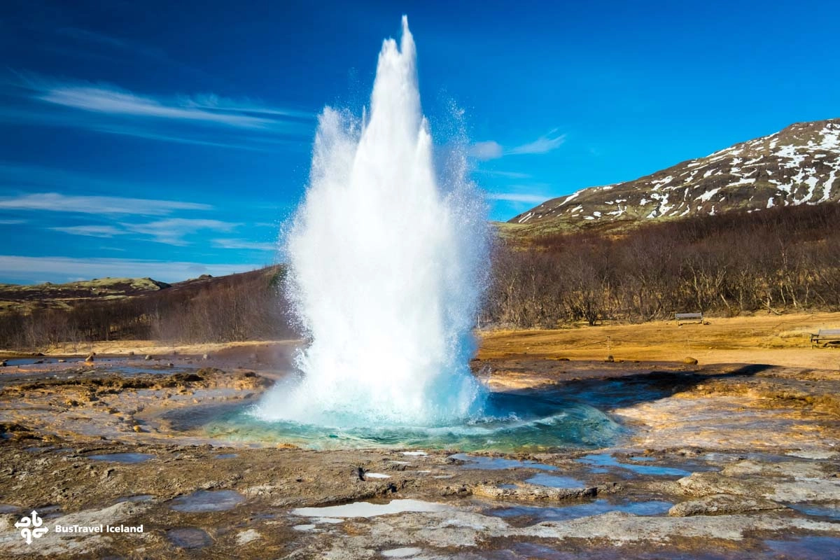 Strokkur geyser erupts frequently on the Iceland Golden Circle Map